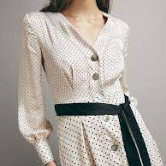 Massimo Dutti Cream Polka Dot Long Sleeve Dress - Picture 2 of 10